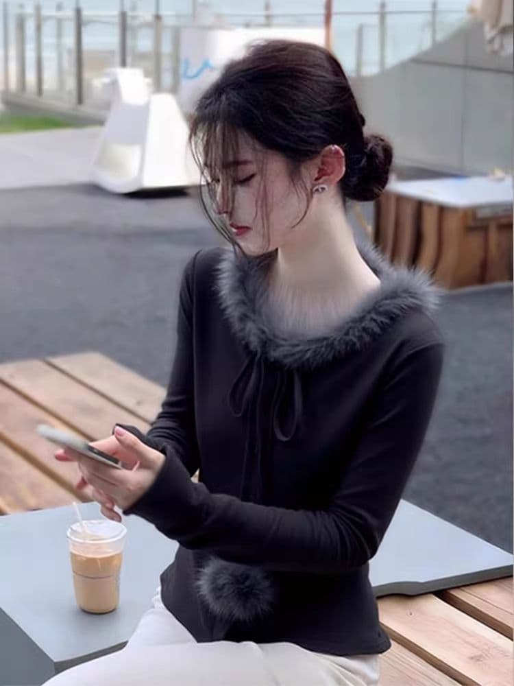 부드러운 바람 털 모피 칼라 패치워크 레이스업 긴팔 티셔츠 여성 봄 가을 새로운 디자인 센스 외국 가스 기본 셔츠 맨위 상세 이미지 5