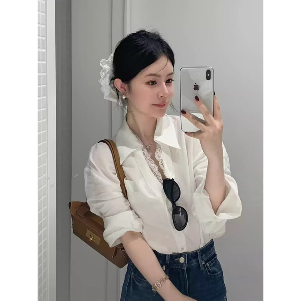 원본 품질 레이스 조각 페이크 레이어드 긴팔 셔츠 캐주얼 다용도 맨위