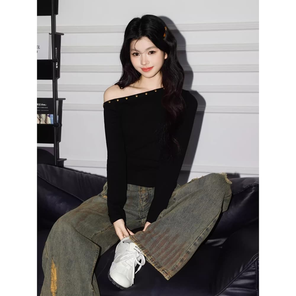 원본 품질 비스듬한 어깨 징 긴팔 티셔츠 여성 몸매 가꾸기 기본 셔츠 맨위 이미지 4
