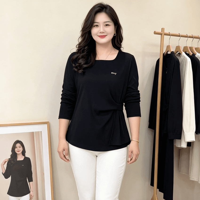 지방 mm 봄 가을 새로운 느긋한 바람 트임 여성 티셔츠 빅 사이즈 루즈핏 슬림해 보이는 품격 패션 연령 감소 다용도 맨위 이미지 4