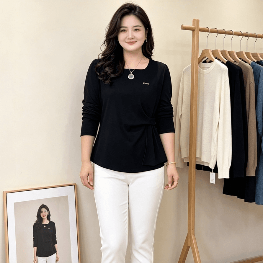 지방 mm 봄 가을 새로운 느긋한 바람 트임 여성 티셔츠 빅 사이즈 루즈핏 슬림해 보이는 품격 패션 연령 감소 다용도 맨위 이미지 5