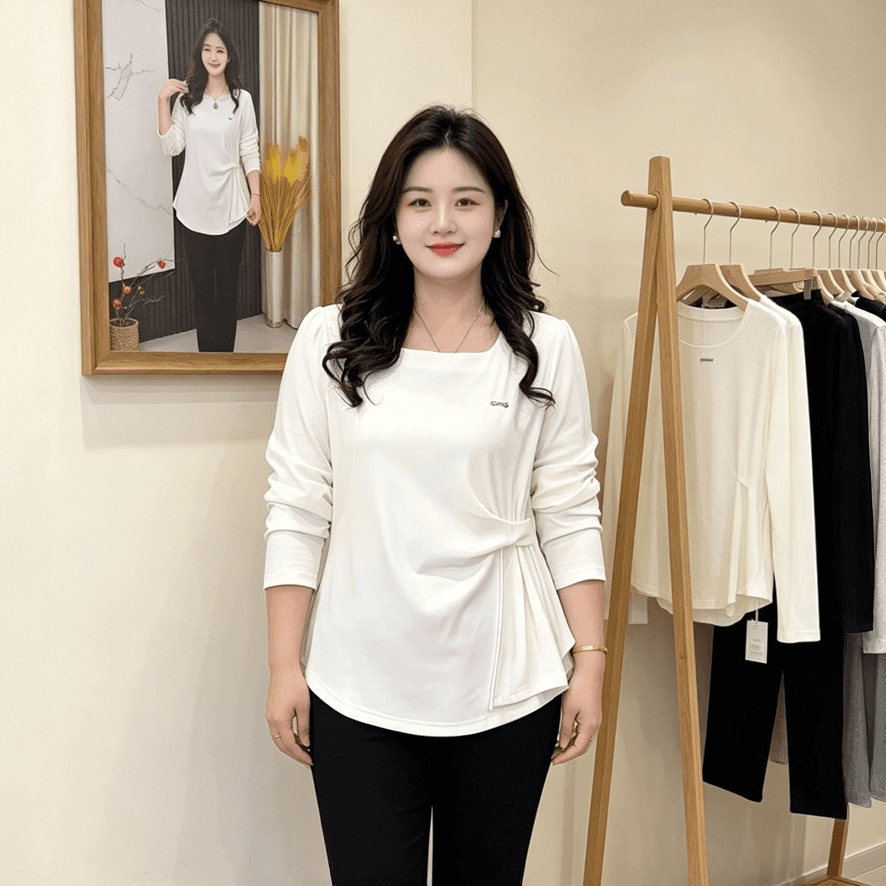 지방 mm 봄 가을 새로운 느긋한 바람 트임 여성 티셔츠 빅 사이즈 루즈핏 슬림해 보이는 품격 패션 연령 감소 다용도 맨위 상세 이미지 1