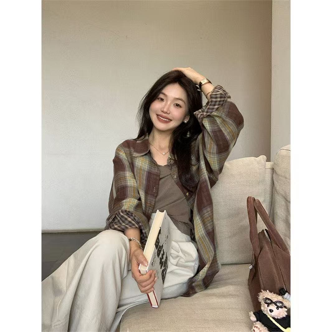느긋한 바람 레트로 작은 대중 고급 센스 패치워크 격자 무늬 셔츠 긴팔 루즈핏 캐주얼 polo 셔츠 스택 착용 재킷 상세 이미지 5