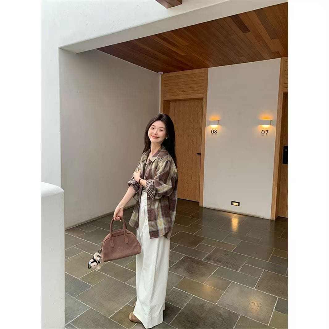 느긋한 바람 레트로 작은 대중 고급 센스 패치워크 격자 무늬 셔츠 긴팔 루즈핏 캐주얼 polo 셔츠 스택 착용 재킷 상세 이미지 6