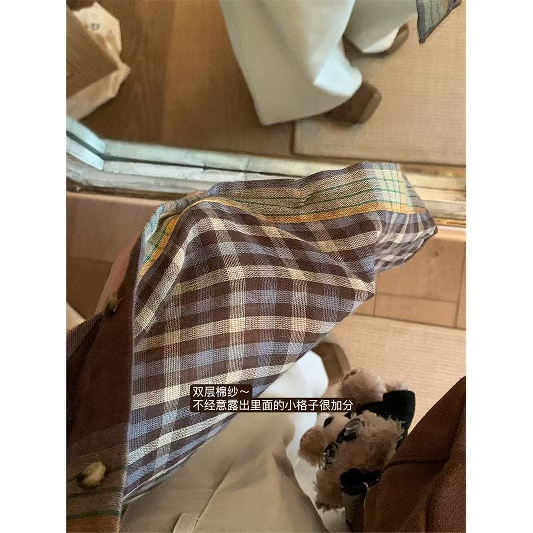 느긋한 바람 레트로 작은 대중 고급 센스 패치워크 격자 무늬 셔츠 긴팔 루즈핏 캐주얼 polo 셔츠 스택 착용 재킷 상세 이미지 8