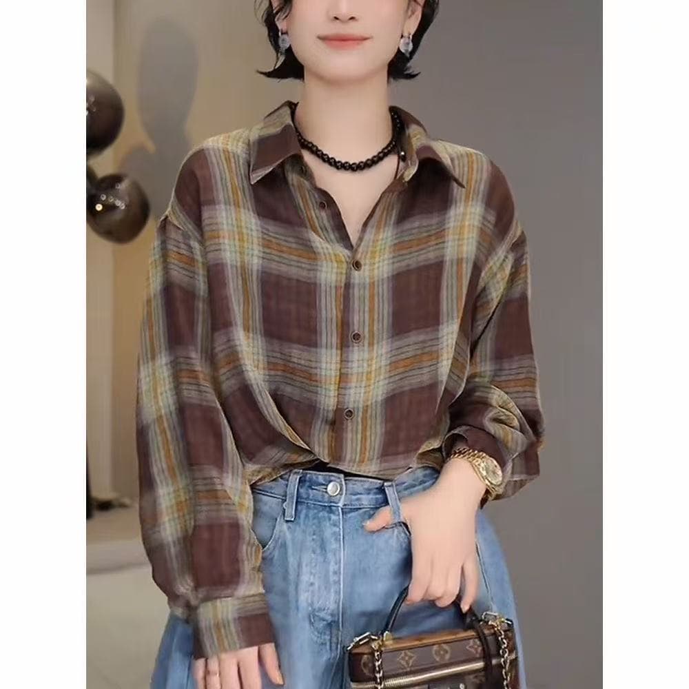 느긋한 바람 레트로 작은 대중 고급 센스 패치워크 격자 무늬 셔츠 긴팔 루즈핏 캐주얼 polo 셔츠 스택 착용 재킷 상세 이미지 16
