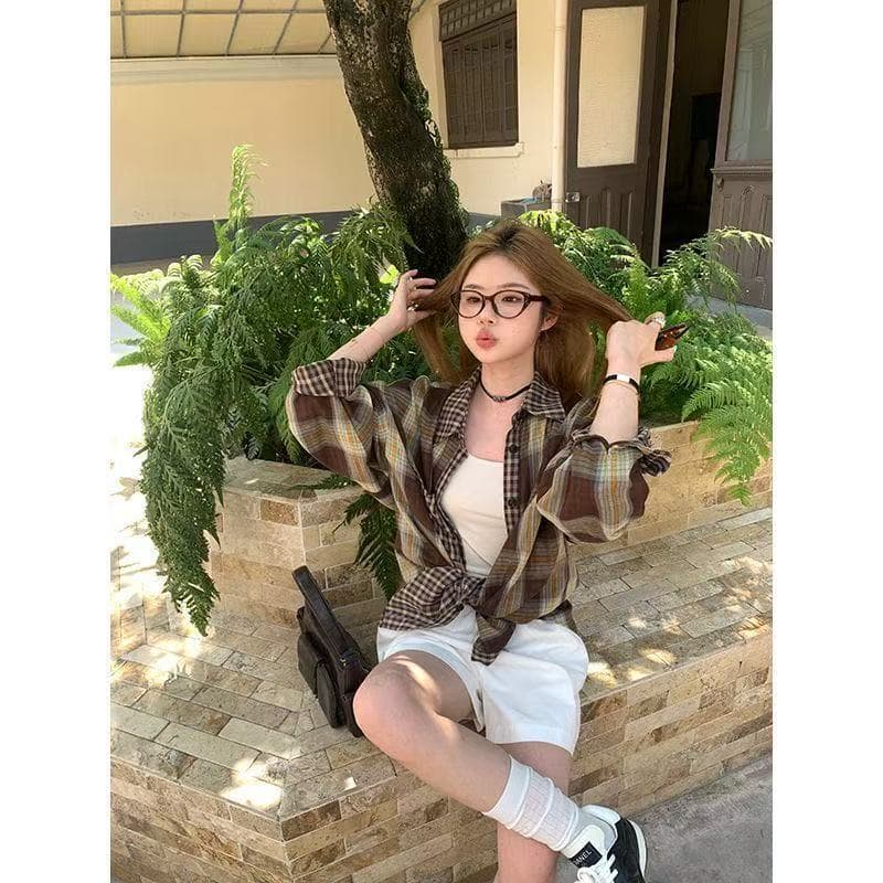느긋한 바람 레트로 작은 대중 고급 센스 패치워크 격자 무늬 셔츠 긴팔 루즈핏 캐주얼 polo 셔츠 스택 착용 재킷 상세 이미지 25
