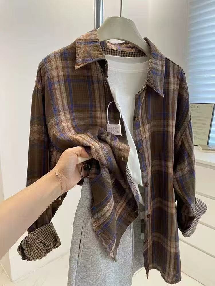 양면 면사 캐주얼 레트로 체크무늬 긴팔 세련된 셔츠 느긋한 이른 가을 루즈핏 다용도 셔츠 재킷 셔츠 상세 이미지 3