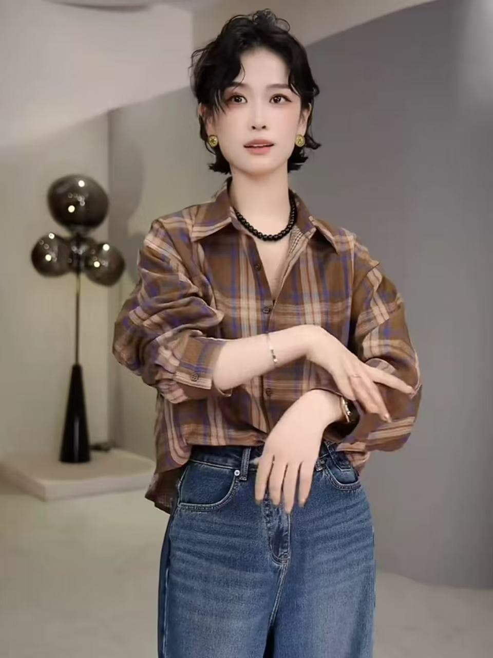 양면 면사 캐주얼 레트로 체크무늬 긴팔 세련된 셔츠 느긋한 이른 가을 루즈핏 다용도 셔츠 재킷 셔츠 상세 이미지 9
