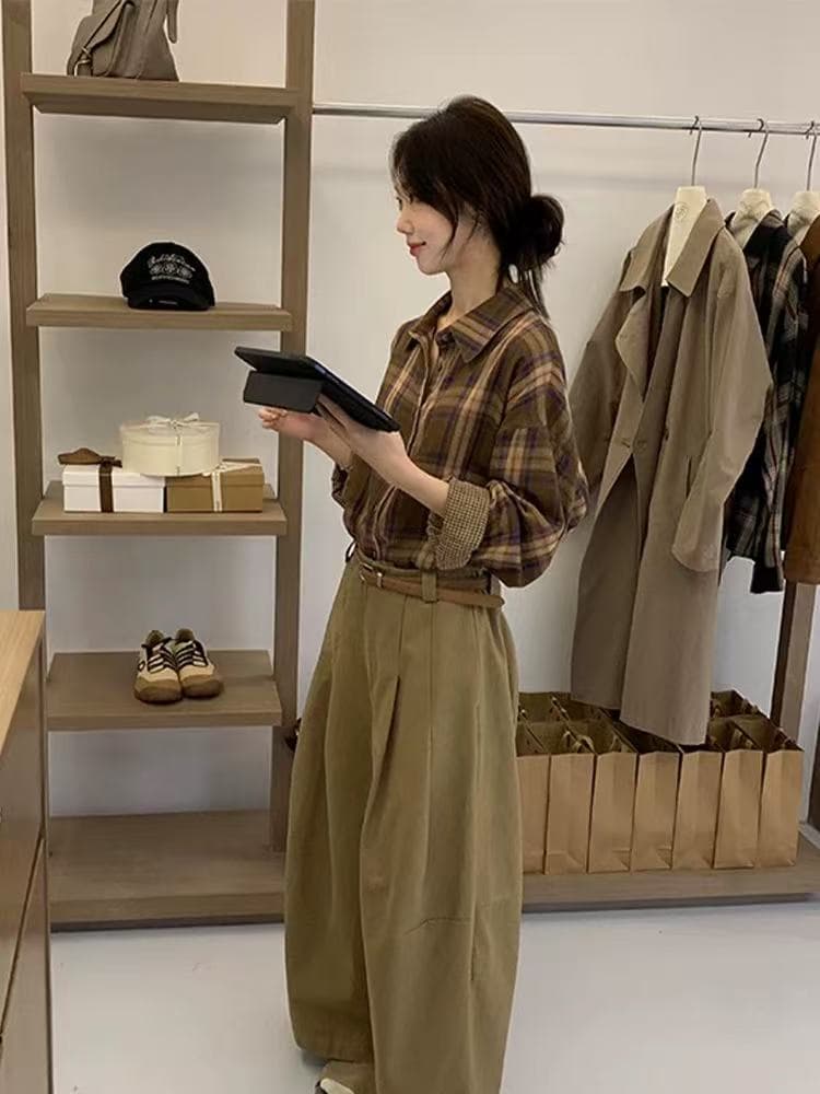 양면 면사 캐주얼 레트로 체크무늬 긴팔 세련된 셔츠 느긋한 이른 가을 루즈핏 다용도 셔츠 재킷 셔츠 상세 이미지 11