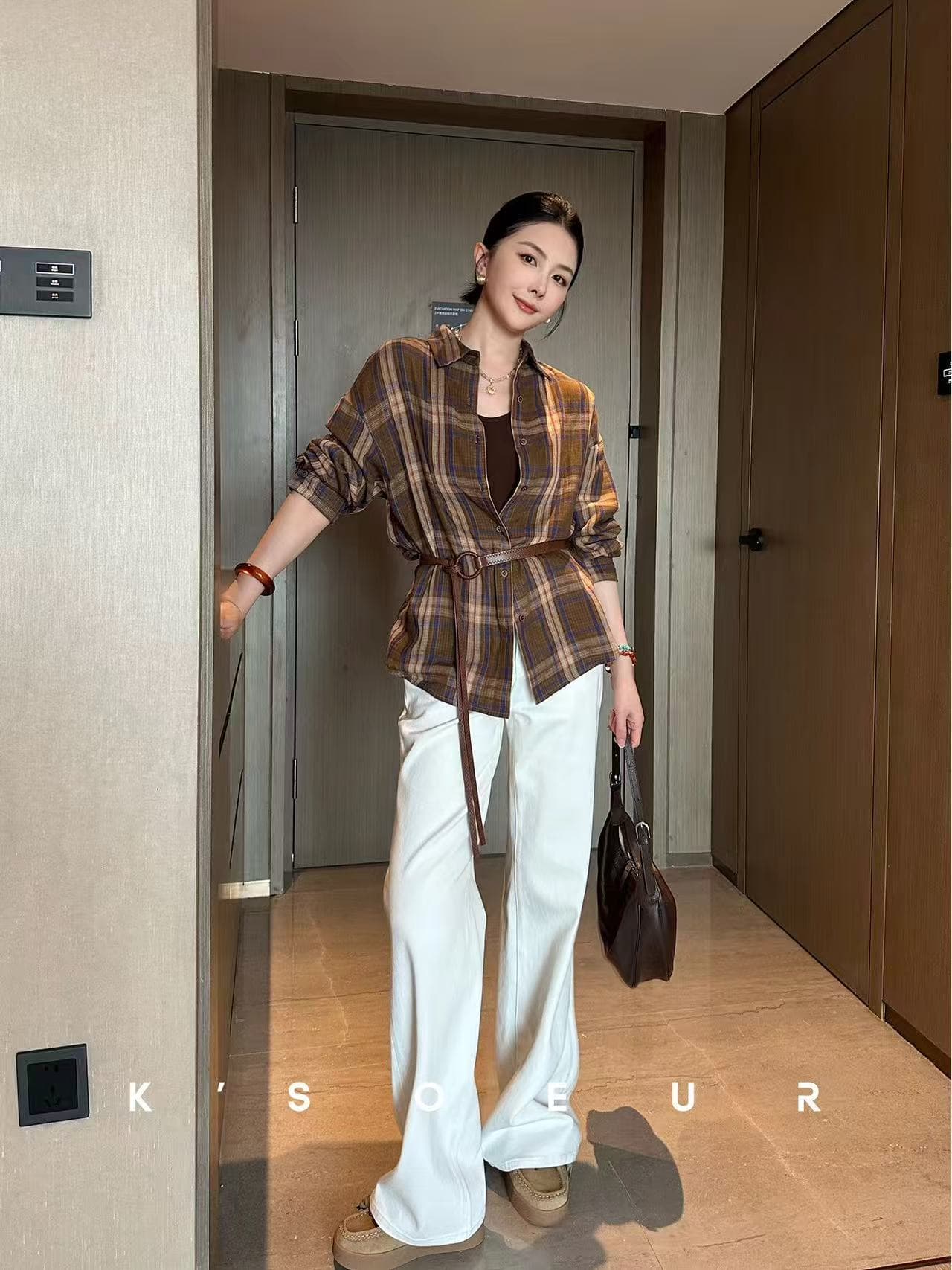 양면 면사 캐주얼 레트로 체크무늬 긴팔 세련된 셔츠 느긋한 이른 가을 루즈핏 다용도 셔츠 재킷 셔츠 상세 이미지 15