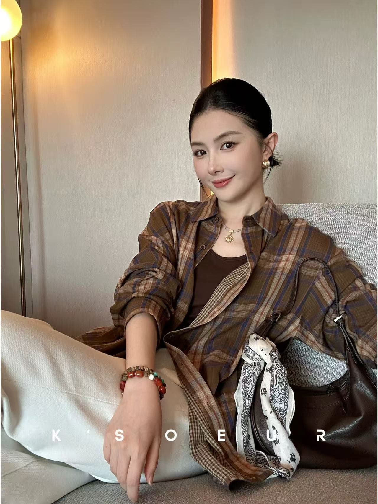 양면 면사 캐주얼 레트로 체크무늬 긴팔 세련된 셔츠 느긋한 이른 가을 루즈핏 다용도 셔츠 재킷 셔츠 상세 이미지 16