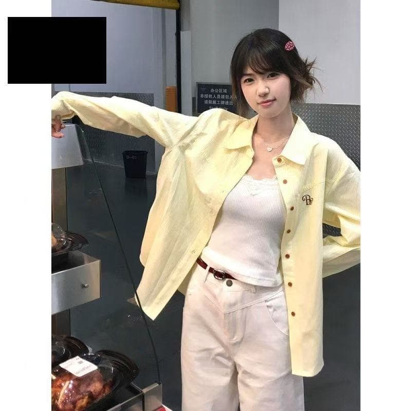 한국 스타일 자수 우유 황색 셔츠 여성 셔츠 가을 POLO 칼라 고급 센스 폭발 긴팔 스트라이프 셔츠 재킷 이미지 2