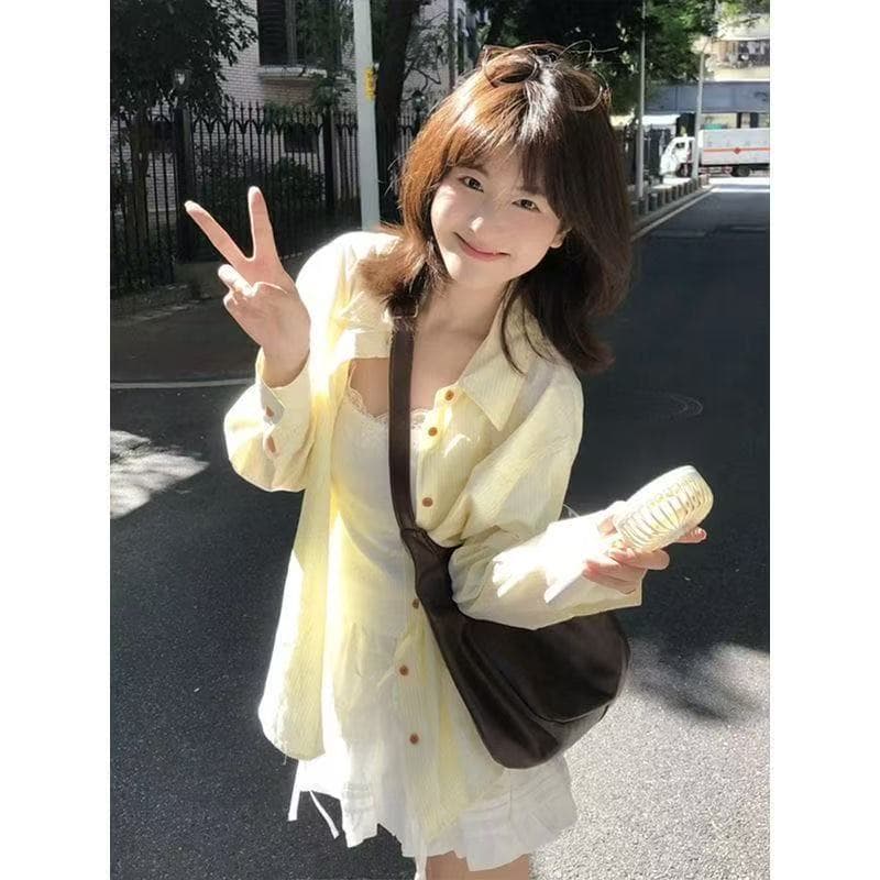 한국 스타일 자수 우유 황색 셔츠 여성 셔츠 가을 POLO 칼라 고급 센스 폭발 긴팔 스트라이프 셔츠 재킷 상세 이미지 13