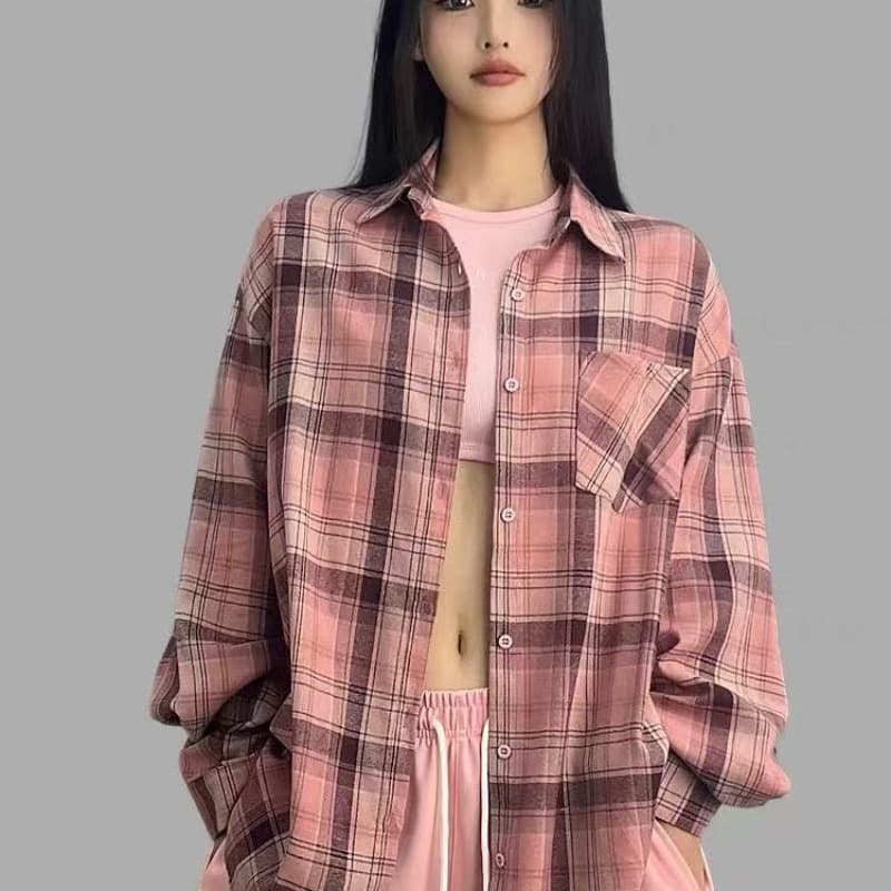 핑크색 연삭 털 여성 셔츠 고급 센스 새로운 년 가을 체크무늬 중간 길이 루즈핏 막대기 표준 긴팔 맨위 이미지 5