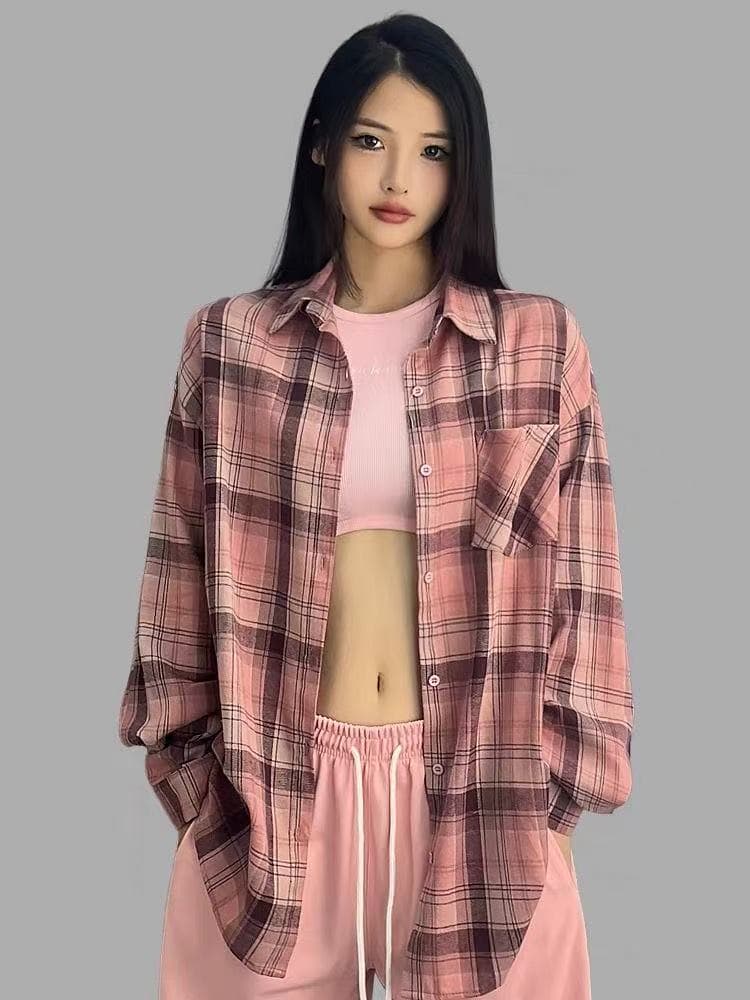핑크색 연삭 털 여성 셔츠 고급 센스 새로운 년 가을 체크무늬 중간 길이 루즈핏 막대기 표준 긴팔 맨위 상세 이미지 2