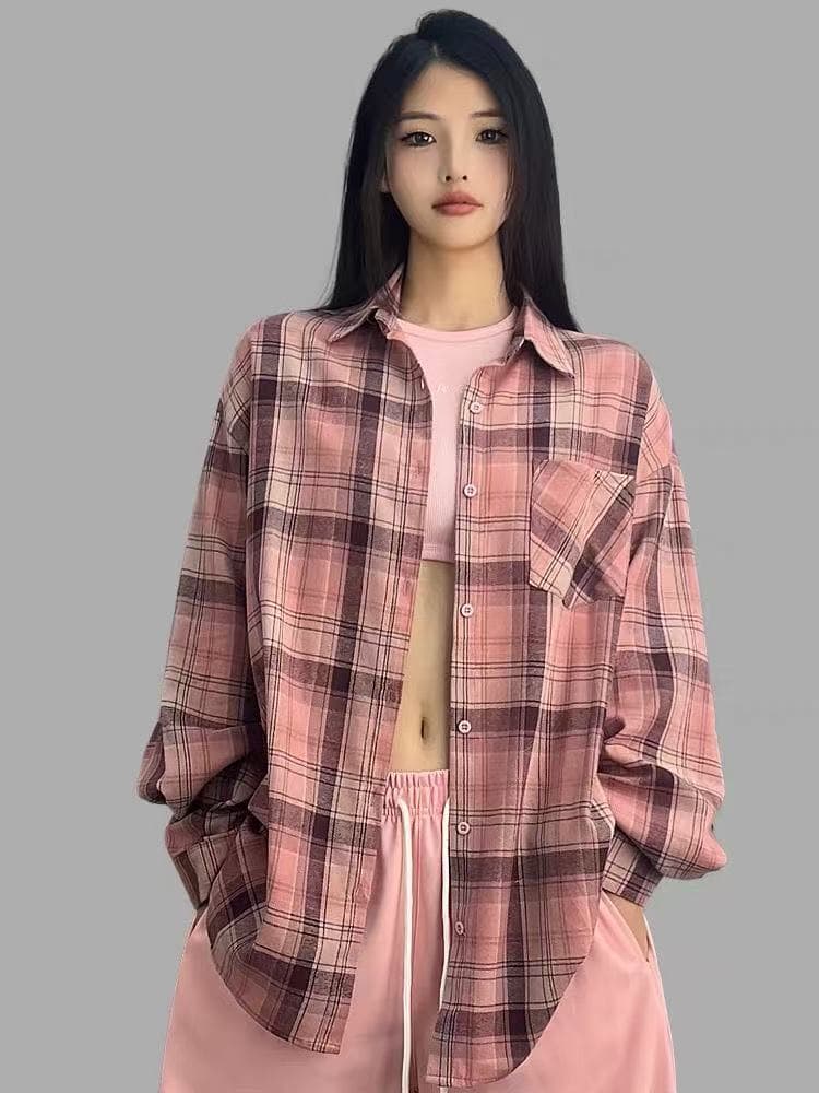 핑크색 연삭 털 여성 셔츠 고급 센스 새로운 년 가을 체크무늬 중간 길이 루즈핏 막대기 표준 긴팔 맨위 상세 이미지 3