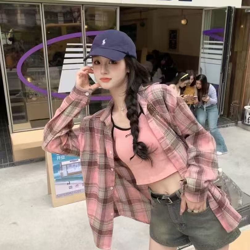 핑크색 연삭 털 여성 셔츠 고급 센스 새로운 년 가을 체크무늬 중간 길이 루즈핏 막대기 표준 긴팔 맨위 상세 이미지 7