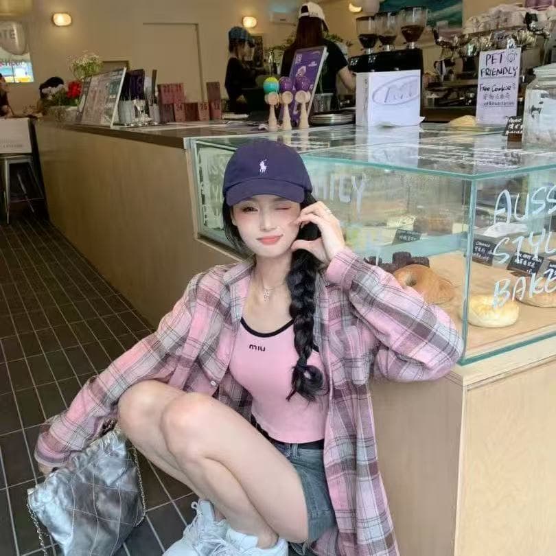 핑크색 연삭 털 여성 셔츠 고급 센스 새로운 년 가을 체크무늬 중간 길이 루즈핏 막대기 표준 긴팔 맨위 상세 이미지 11