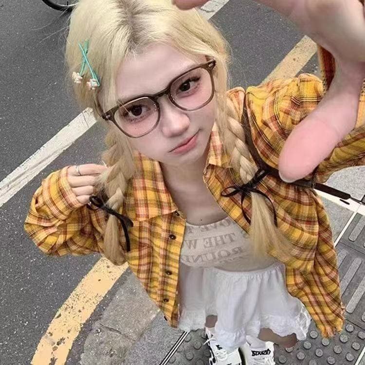 아메리칸 레트로 황색 체크무늬 여성 셔츠 여름 루즈핏 다용도 도파민 자외선 차단 셔츠 재킷 외출용 맨위 이미지 4