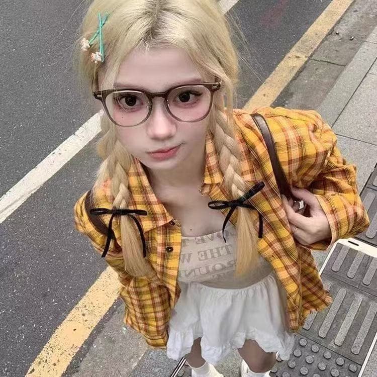 아메리칸 레트로 황색 체크무늬 여성 셔츠 여름 루즈핏 다용도 도파민 자외선 차단 셔츠 재킷 외출용 맨위 상세 이미지 4