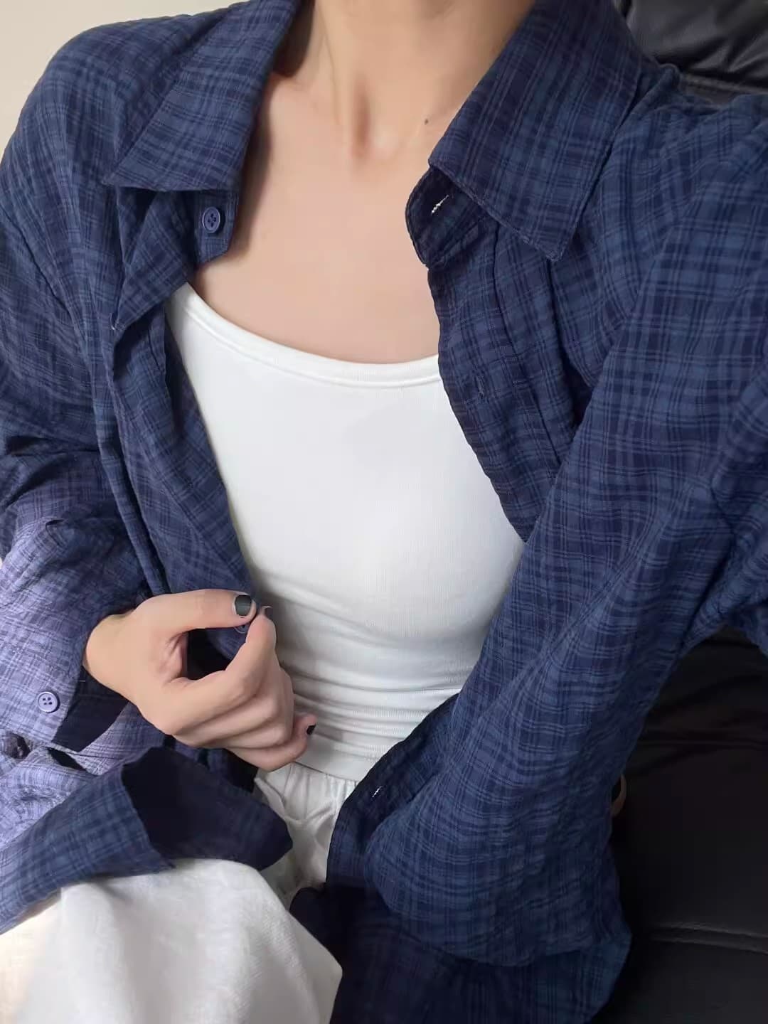 원본 품질 블루 격자 무늬 셔츠 여성 셔츠 디자인 센스 작은 대중 긴팔 셔츠 상세 이미지 3