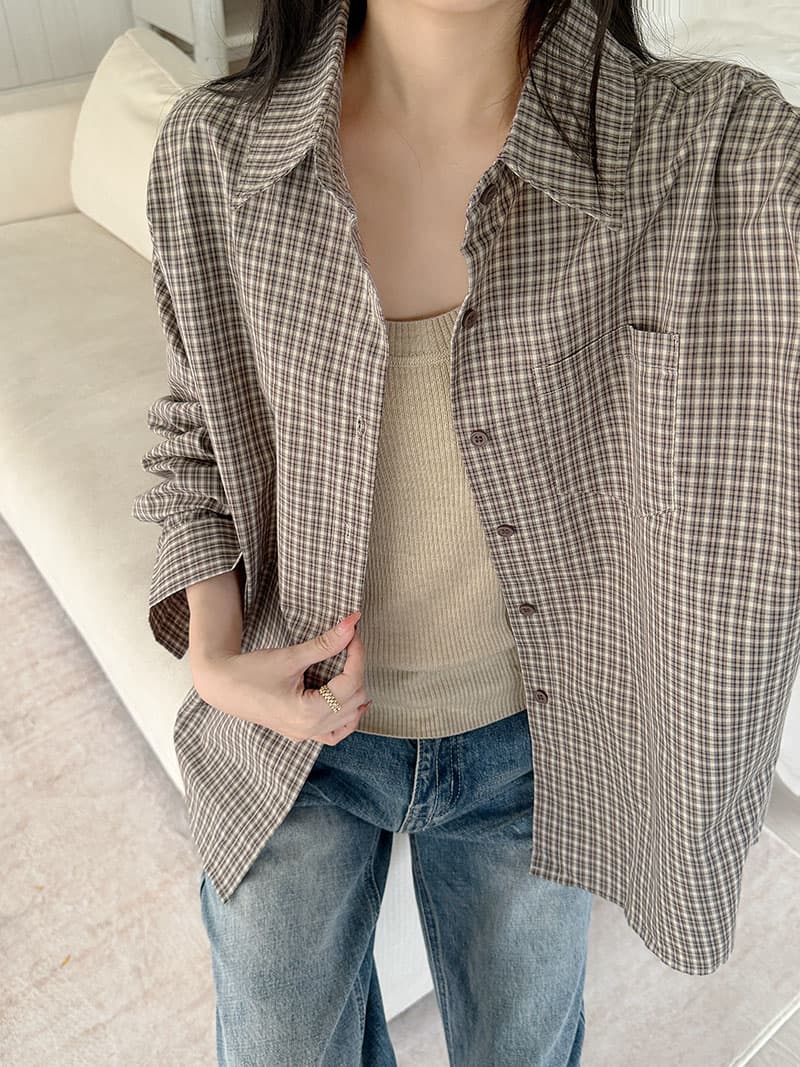 50 면 원본 한 부서 레트로 체크무늬 긴팔 여성 셔츠 루즈핏 캐주얼 작은 키 디자인 셔츠 이미지 2