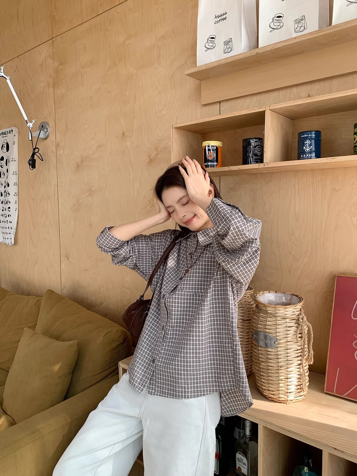 50 면 원본 한 부서 레트로 체크무늬 긴팔 여성 셔츠 루즈핏 캐주얼 작은 키 디자인 셔츠 상세 이미지 5