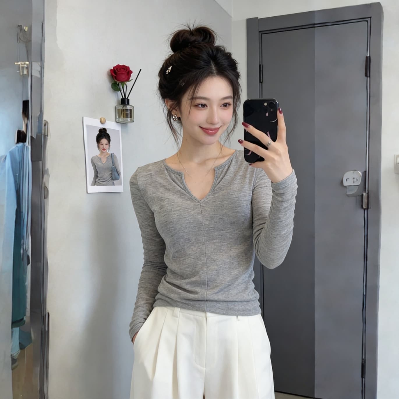 리브 면 긍정적 인 어깨 V넥 긴팔 티셔츠 여성 봄 가을 새로운 인사이드 가져 가라. 쇼트 스타일 기본 셔츠 핫걸 몸매 가꾸기 슬림해 보이는 맨위 상세 이미지 1