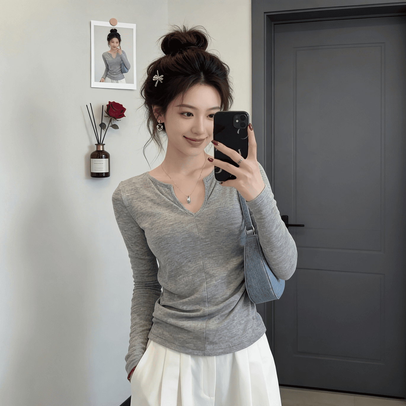 리브 면 긍정적 인 어깨 V넥 긴팔 티셔츠 여성 봄 가을 새로운 인사이드 가져 가라. 쇼트 스타일 기본 셔츠 핫걸 몸매 가꾸기 슬림해 보이는 맨위 상세 이미지 5