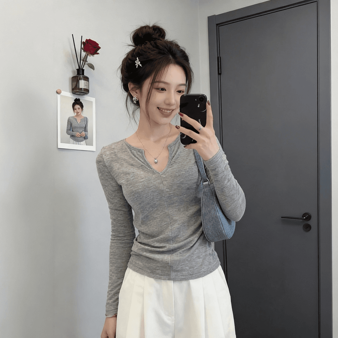 리브 면 긍정적 인 어깨 V넥 긴팔 티셔츠 여성 봄 가을 새로운 인사이드 가져 가라. 쇼트 스타일 기본 셔츠 핫걸 몸매 가꾸기 슬림해 보이는 맨위 상세 이미지 6