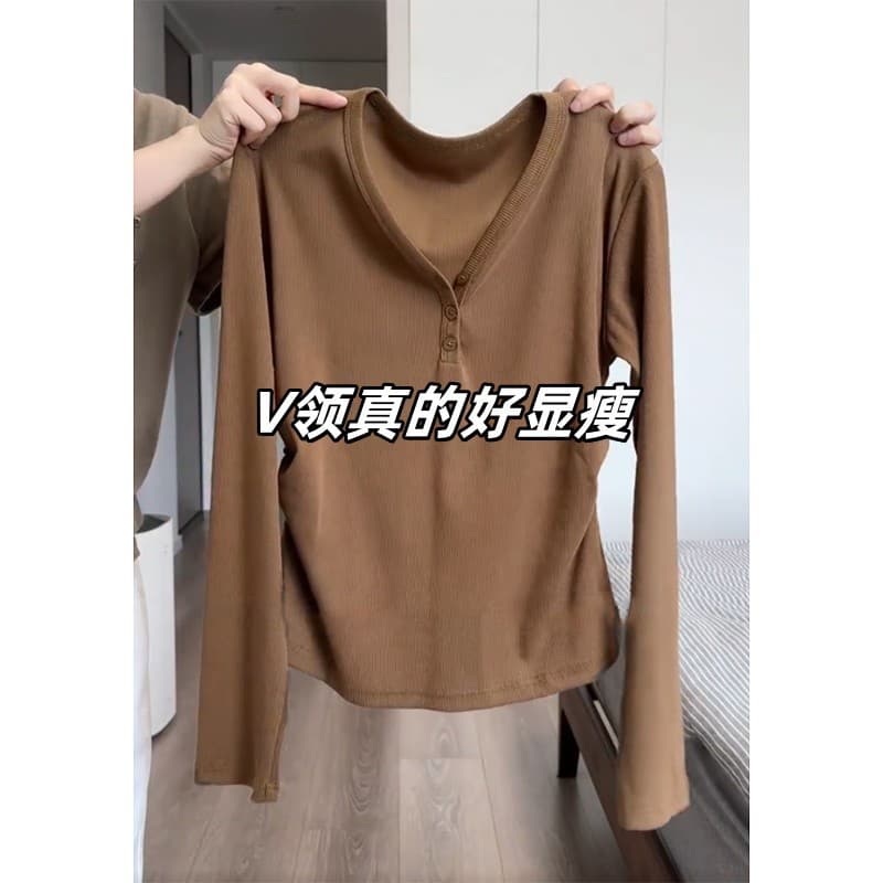 불규칙 검정색 V넥 긴팔 티셔츠 기본 셔츠 여성 외국 가스 인사이드 가져 가라. 허리 수축 맨위 캐주얼 표준 라운드 넥 이미지 2