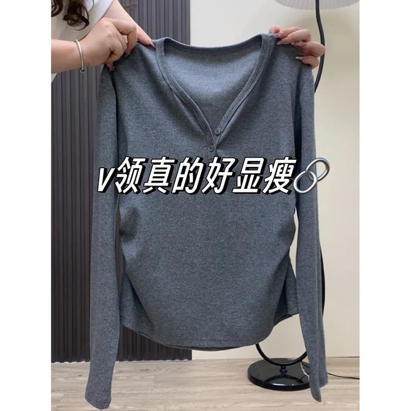불규칙 검정색 V넥 긴팔 티셔츠 기본 셔츠 여성 외국 가스 인사이드 가져 가라. 허리 수축 맨위 캐주얼 표준 라운드 넥 상세 이미지 2
