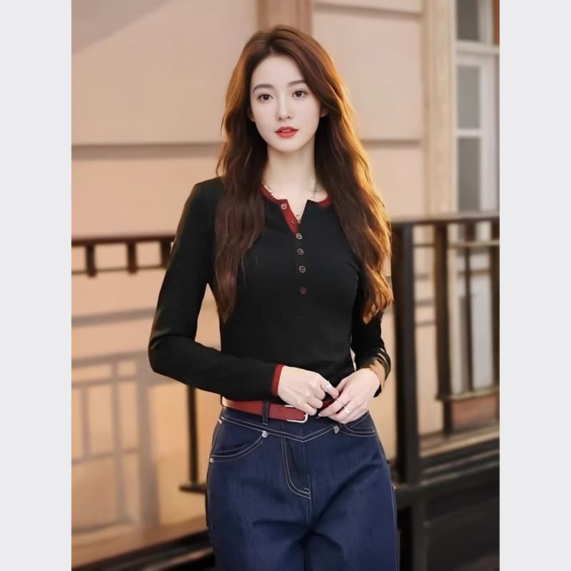 40 92 면 8 암모니아 2025 새로운 이른 봄 배색 단추 몸매 가꾸기 티셔츠 고급 센스 외국 가스 인사이드 잡아라. 의류 이미지 4