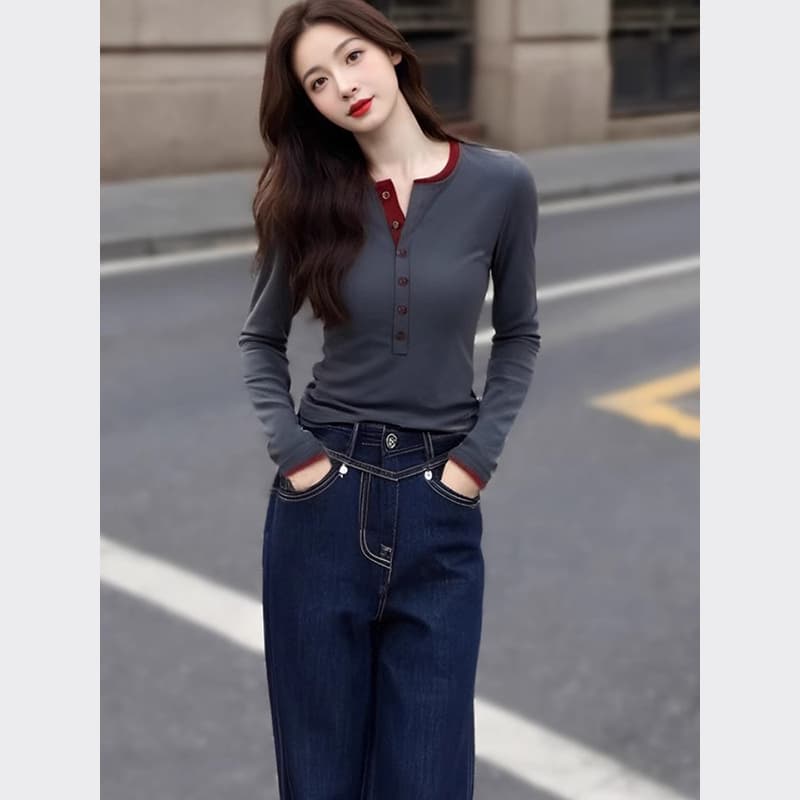 40 92 면 8 암모니아 2025 새로운 이른 봄 배색 단추 몸매 가꾸기 티셔츠 고급 센스 외국 가스 인사이드 잡아라. 의류 상세 이미지 1