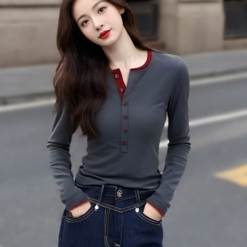 40 92 면 8 암모니아 2025 새로운 이른 봄 배색 단추 몸매 가꾸기 티셔츠 고급 센스 외국 가스 인사이드 잡아라. 의류 상세 이미지 4