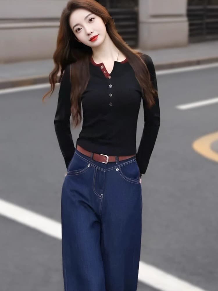 40 92 면 8 암모니아 2025 새로운 이른 봄 배색 단추 몸매 가꾸기 티셔츠 고급 센스 외국 가스 인사이드 잡아라. 의류 상세 이미지 16