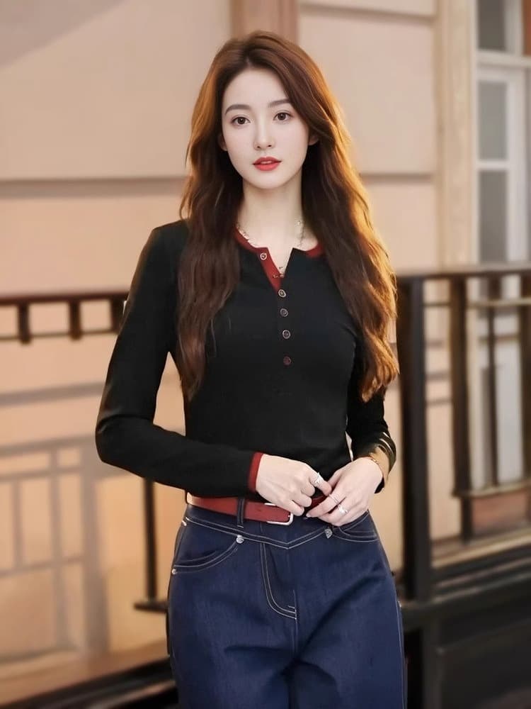 40 92 면 8 암모니아 2025 새로운 이른 봄 배색 단추 몸매 가꾸기 티셔츠 고급 센스 외국 가스 인사이드 잡아라. 의류 상세 이미지 17