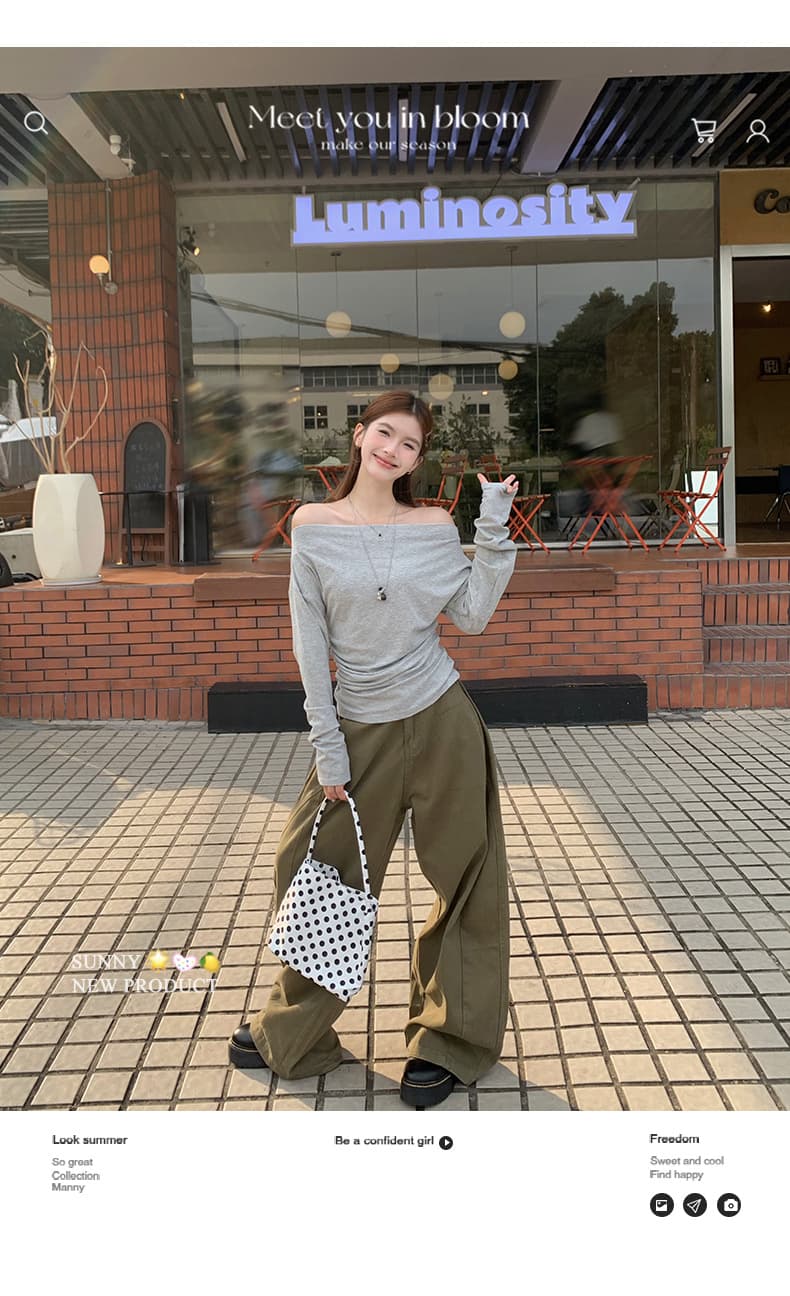 40 면 아메리칸 불규칙 화이트 비스듬한 어깨 의류 여성 이른 가을 얇은 스타일 순면 오프숄더 오프숄더 긴팔 티셔츠 상세 이미지 10