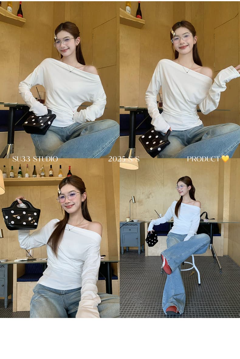 40 면 아메리칸 불규칙 화이트 비스듬한 어깨 의류 여성 이른 가을 얇은 스타일 순면 오프숄더 오프숄더 긴팔 티셔츠 상세 이미지 13