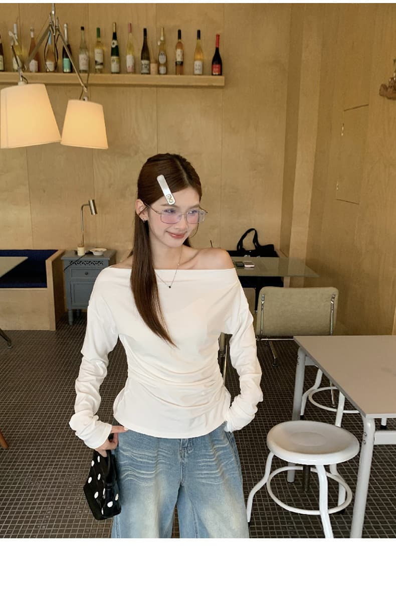 40 면 아메리칸 불규칙 화이트 비스듬한 어깨 의류 여성 이른 가을 얇은 스타일 순면 오프숄더 오프숄더 긴팔 티셔츠 상세 이미지 18