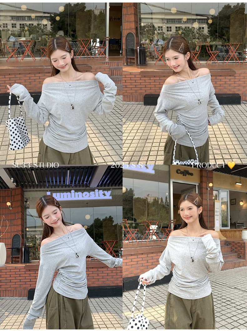 40 면 아메리칸 불규칙 화이트 비스듬한 어깨 의류 여성 이른 가을 얇은 스타일 순면 오프숄더 오프숄더 긴팔 티셔츠 상세 이미지 20