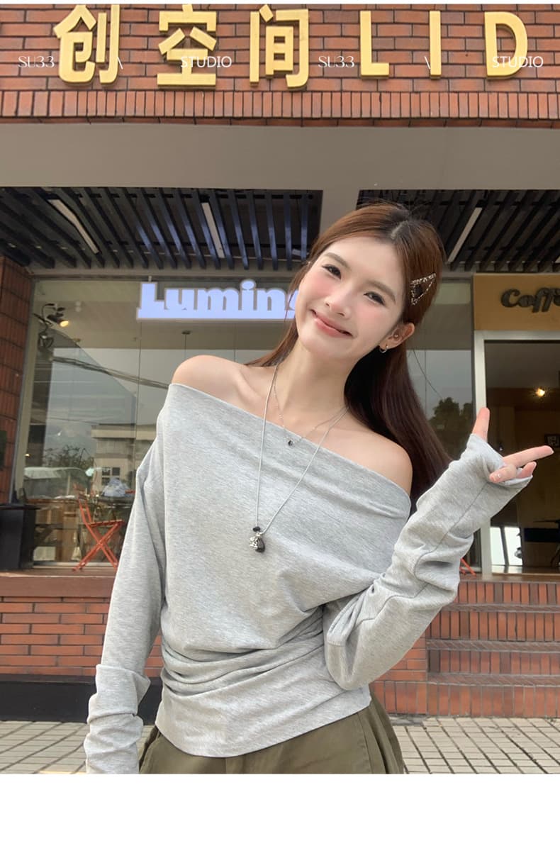 40 면 아메리칸 불규칙 화이트 비스듬한 어깨 의류 여성 이른 가을 얇은 스타일 순면 오프숄더 오프숄더 긴팔 티셔츠 상세 이미지 25