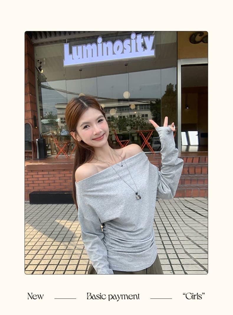 40 면 아메리칸 불규칙 화이트 비스듬한 어깨 의류 여성 이른 가을 얇은 스타일 순면 오프숄더 오프숄더 긴팔 티셔츠 상세 이미지 27