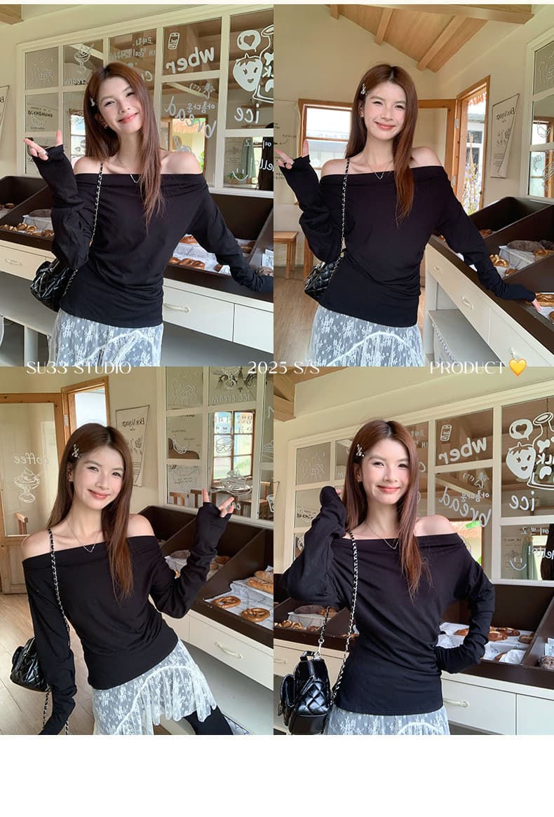 40 면 아메리칸 불규칙 화이트 비스듬한 어깨 의류 여성 이른 가을 얇은 스타일 순면 오프숄더 오프숄더 긴팔 티셔츠 상세 이미지 28