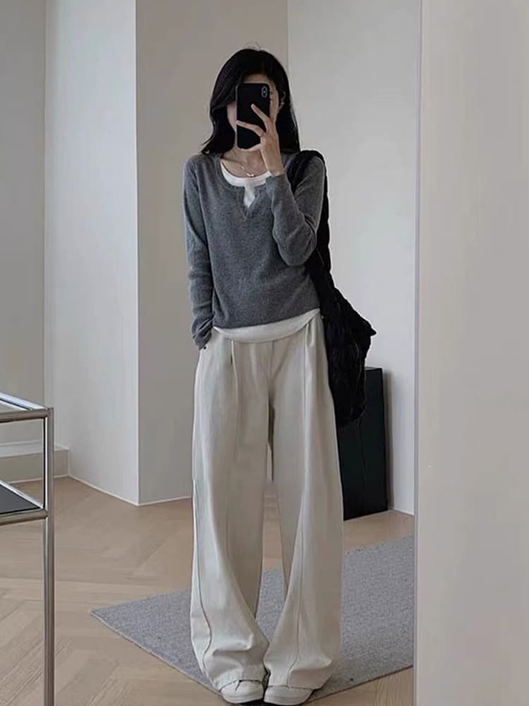 리브 페이크 레이어드 여성 가을 몸매 가꾸기 슬림해 보이는 기본 셔츠 긴팔 맨위 이미지 4