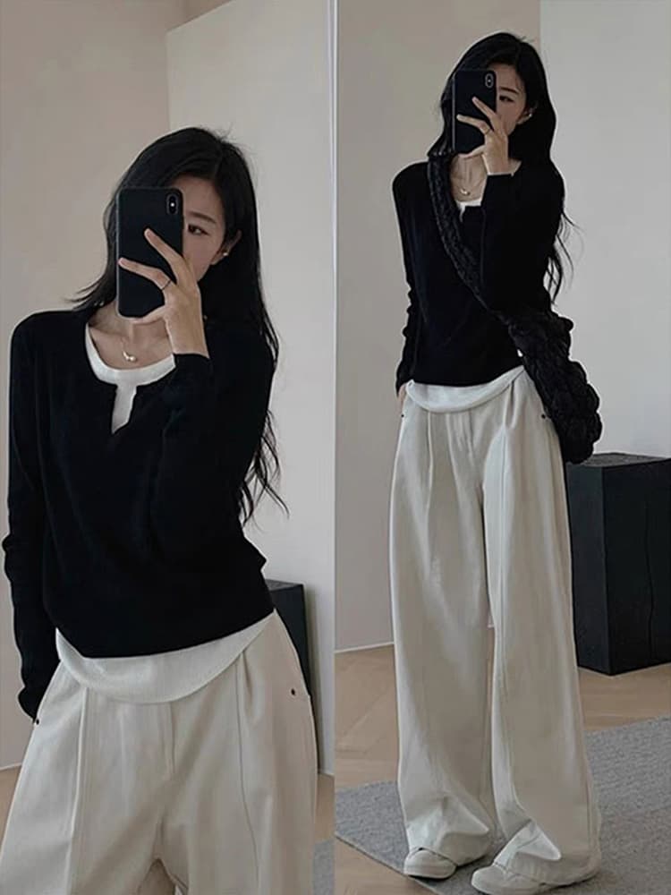 리브 페이크 레이어드 여성 가을 몸매 가꾸기 슬림해 보이는 기본 셔츠 긴팔 맨위