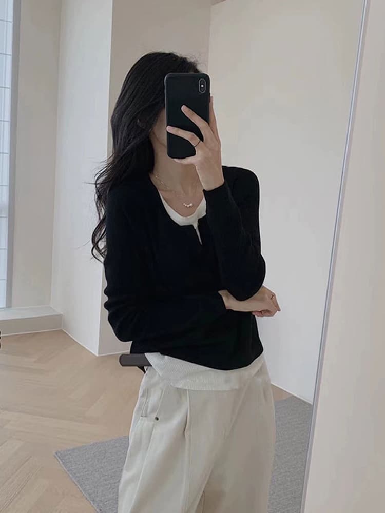리브 페이크 레이어드 여성 가을 몸매 가꾸기 슬림해 보이는 기본 셔츠 긴팔 맨위 이미지 3