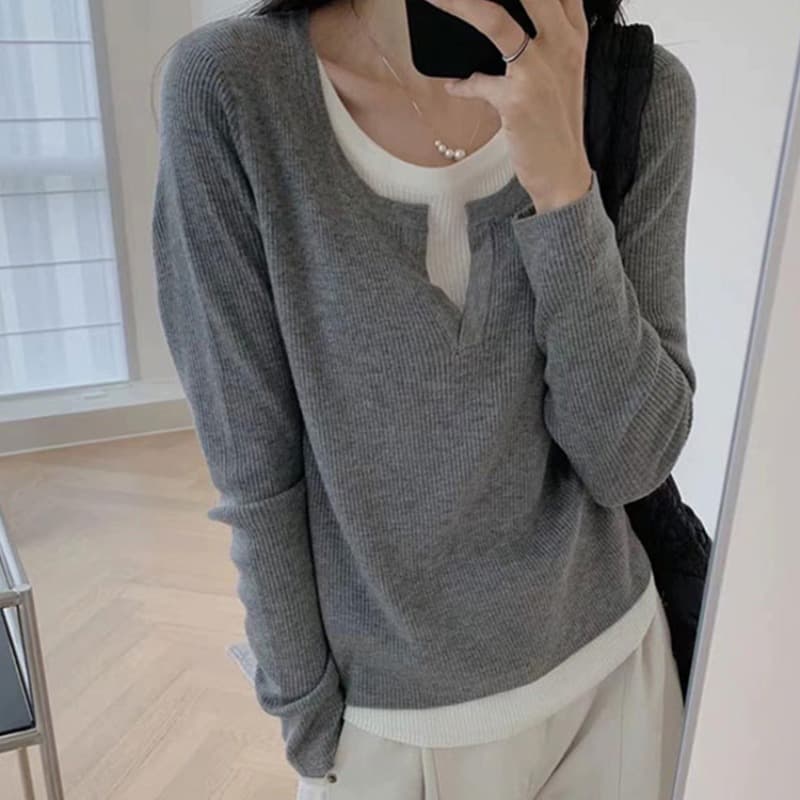 리브 페이크 레이어드 여성 가을 몸매 가꾸기 슬림해 보이는 기본 셔츠 긴팔 맨위 이미지 2