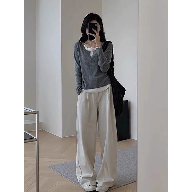 리브 페이크 레이어드 여성 가을 몸매 가꾸기 슬림해 보이는 기본 셔츠 긴팔 맨위 상세 이미지 2